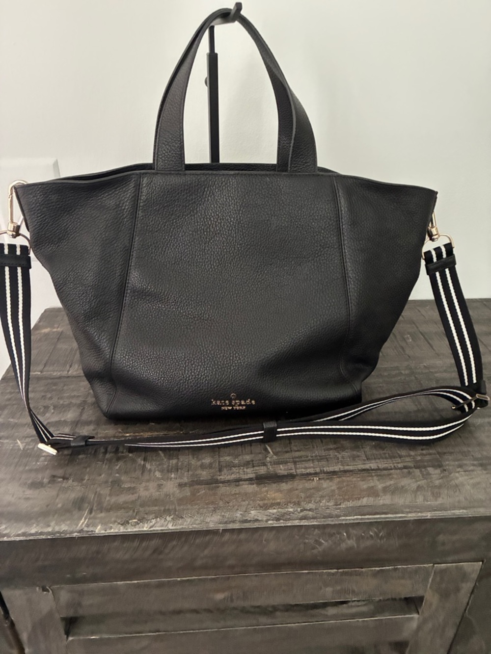 kate spade Black Pebbled Leather Tote with Striped Removable Strap